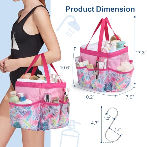 Mesh Shower Caddy Portable - 8 Pockets, S-Hook, Shower Bag for Dorm Camping | 2-Handle, Quick-Dry, Toiletry Organizer, College Dorm Room Essentials for Girls, Gym, Travel & Bathroom, Pink Flamingo - color: L, Pink Flamingo, size: L (Classic Dorm Caddy)