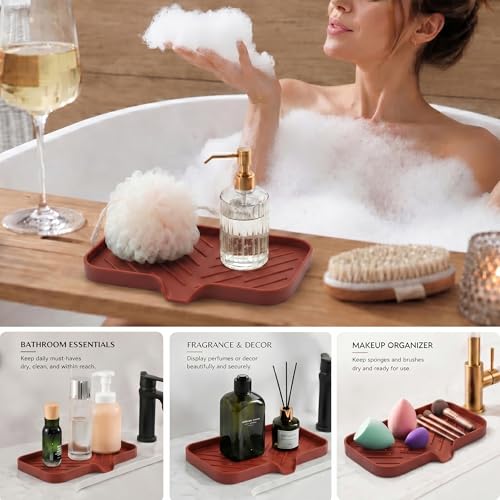 MicoYang Silicone Soap Dish with Drain Spout — Self-Draining Sink Organizer Tray for Bathroom & Kitchen, Sponges, Dispensers & Soap Holder, Non-Slip & Dishwasher Safe, Red (Medium, 9.6"×5.3") - color: Red, size: M(9.6"×5.3")