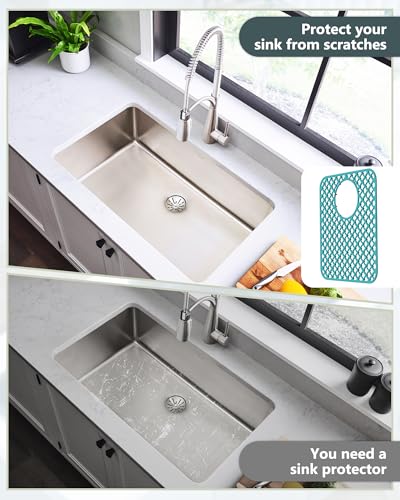 2 Pack Silicone Sink Protectors for Kitchen Sink, Trellis Pattern 13 x 11 Inches Sink Mat, Non-Slip and Durable Sink Protector Silicone, Rear Drain, Green - color: Green