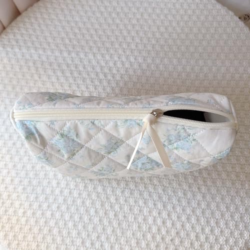 Sminra Makeup Bag Large Travel Quilted Cosmetic Makeup Bag Organizer, Floral Cotton Coquette Aesthetic Toiletry Bag for Women Girls (Blue Romantic Rose) - color: Blue Romantic Rose