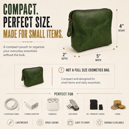 Full Grain Leather Cosmetic Bag – Zippered Makeup Pouch for Women, Small Travel Toiletry & Organizer Pouch for Purse, Premium Handmade Leather (5 × 4 × 2.5 in) - color: Green