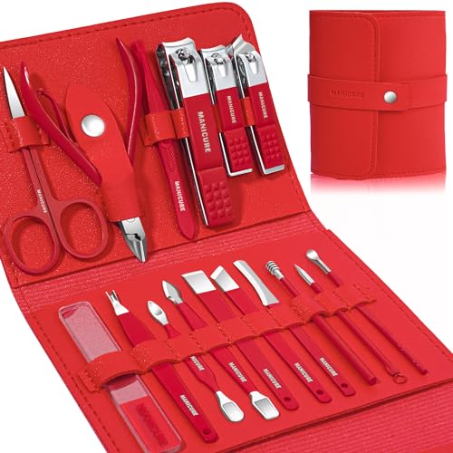 Manicure Set Professional Nail Clippers Pedicure Kit, 16 pcs Stainless Steel Nail Care Tools Grooming Kit with Luxurious Travel Leather Case for Thick Nails Men Women Gift (Red) - color: Red