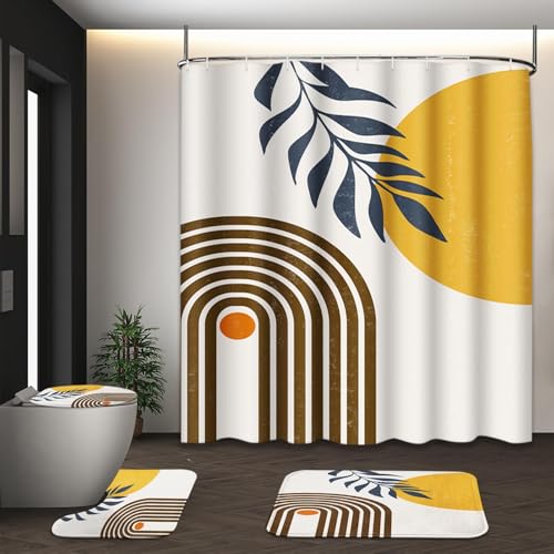 Boho Mid Century Shower Curtain Set with Toilet Lid Cover and Non-Slip Rugs, Modern Abstract 4 Pcs Yellow Sun Minimalist Shower Curtain for Bathroom Set with 12 Hooks - color: Mid Century 4