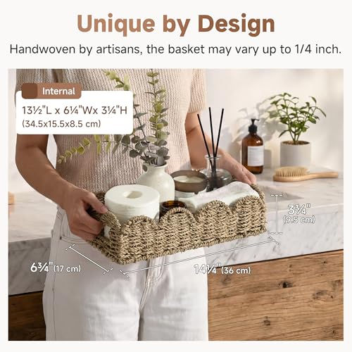 StorageWorks Small Wicker Scalloped Baskets for Bathroom Decor, Long Narrow Decorative Seagrass Baskets for Storage, Toilet Paper Basket for Back of Toilet Basket Tank Topper with Handles - color: Natural (Seagrass), size: 14¼" L x 6¾" W x 3¾" H (Scallope