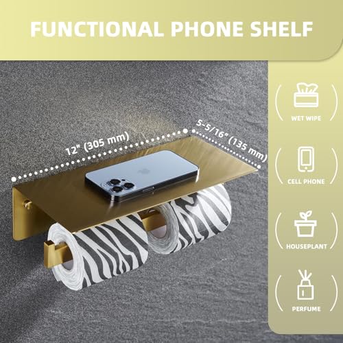 Angle Simple Toilet Paper Holder with Shelf Brushed Dark Gold, SUS304 Stainless Steel Double Toilet Tissue Holder for Wall - color: Brushed Dark Gold, size: Double Rod