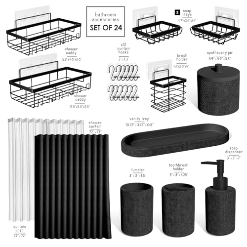 Clara Clark Bathroom Set - Black Bathroom Accessories Set, 24PC Bathroom Accessory Set, Bathroom Sets with Shower Curtain Set, Adhesive Corner Shower Caddy Hanging & Soap Dispenser - color: Black, size: Complete Set + Shower Caddy