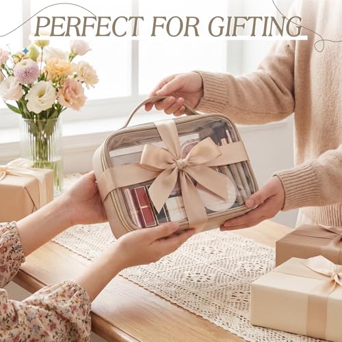 Abbylike 6 Pcs Clear Makeup Bags Bulk 7.9 x 5.9 x 2.4 Inches Quart Size Approved PU Leather Toiletry Bag with Handles Small PVC Clear Travel Cosmetic Case for Women Wedding Bridal Gifts(Kahaki) - color: Kahaki