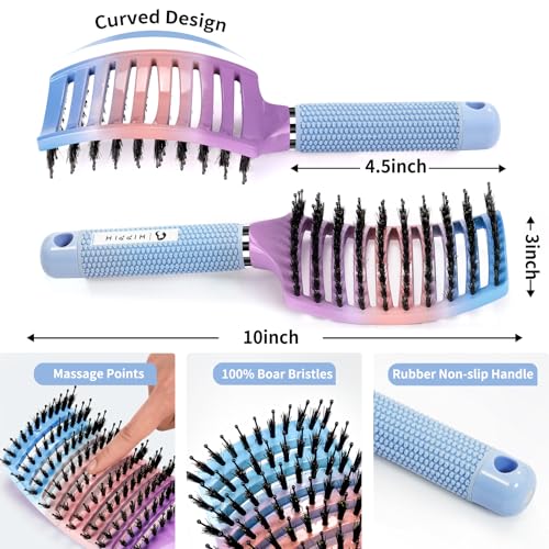 Boar Bristle Hair Brush Set of 2, HIPPIH Wet & Dry Hair Brushes Made by Fine Natural Boar Hair Can Adds Shine and Smoothing, Detangling Hairbrush for Women, Men & Kids' Long Curly Thick Hair - color: Mint Purple & Blue