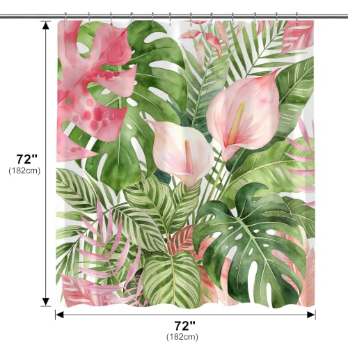 LQCOOL Pink Anthurium Tropical Leaves Shower Curtain and Liner, 3 in 1 Shower Curtain Set with 12 Double Sided Shower Curtain Hooks, Waterproof Fabric Shower Curtains for Bathroom,72" W*72" H - color: Pink Leaf