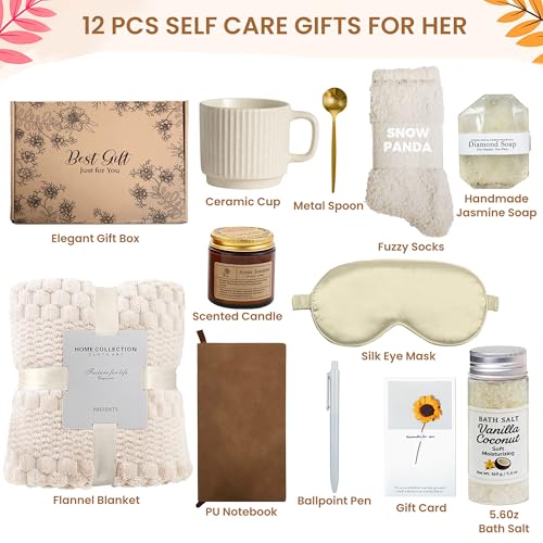 Birthday Gifts for Women, Personalized Self Care Gift Basket with 50"x60" Flannel Blanket, Spa Gift Set for Mom, Sister, Friend, Wife, Coworker, Thinking of You Care Package - color: Beige-12 Pc