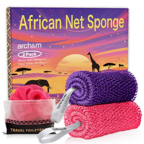 ARCH&M African Net Sponge Authentic with Knots, 53" Extra-Long 2 Pack | Back & Body Scrubber for Women and Men, Exfoliating Shower Loofah Bath Sponge for Daily Use, Travel-Friendly Spa Gift - color: Purple + Pink