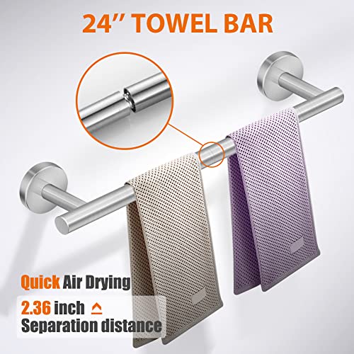 Tudoccy 5-Pieces Bathroom Hardware Set Brushed Nickel SUS304 Stainless Steel Round Wall Mounted - Includes 24" Hand Towel Bar, Toilet Paper Holder, 3 Robe Towel Hooks, Bathroom Accessories Kit - color: Brushed Nickel, size: 24 Inch 5 pcs