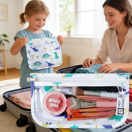 HIONXMGA TSA Approved Toiletry Bag, Set of 3 Clear Travel Toiletry Bag Quart Size Zipper Travel Pouch, Waterproof Makeup Cosmetic Bag for Women Men Kids Toiletries Carry on, Dinosaur White - color: Dinosaur White, Mixed Sizes