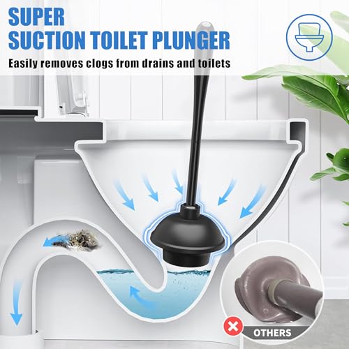 JEHONN Toilet Plunger and Brush Set Black with Holder and Hidden Tweezers, Heavy Duty Bathroom Bowl Scrubber Cleaning Kit for Bathtub Sink Wash Basin