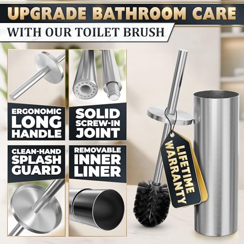 Stainless Steel Toilet Brush and Holder Set, Splash Guard (Silver) | Toilet Bowl Brush and Holder, Removable Inner Bowl, Dense Bristles, Long Handle, Scratch Resistant, for Modern Bathrooms - color: Silver