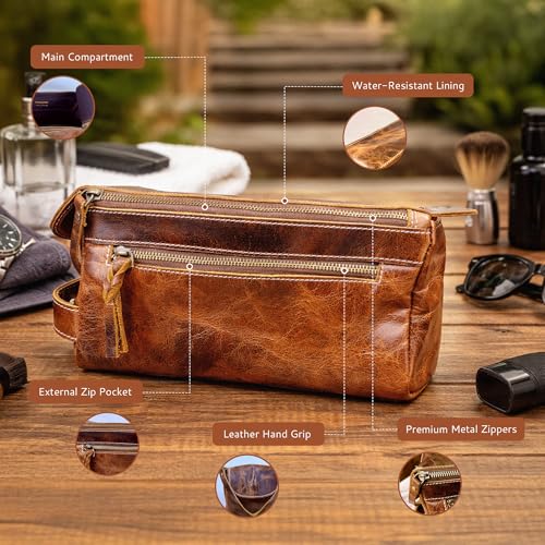 DEBKIN FOCUS Premium Top Grain Buffalo Leather Toiletry Bag for Men, Fathers Day Gift for Dad, Graduation Gifts for Men Him, Leather Shaving Bag, Gift for Birthday, Anniversary, Groomsmen, Husband
