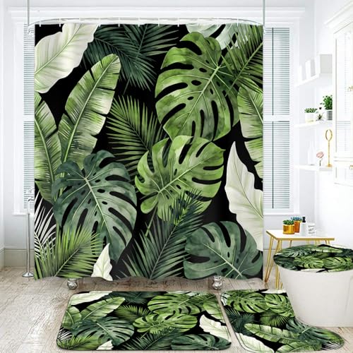 LQCOOL 4Pcs Black Green Shower Curtain Set, Modern Minimalist Bathroom Sets, Abstract Botanical Bathroom Sets with Shower Curtain and Rugs, Tropical Palm Leaves Shower Curtain with 12 Hooks - color: Balck Green