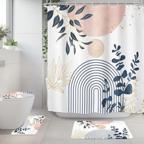 Riyidecor Boho Pink Navy Blue 4Pcs Shower Curtain Set with Toilet Lid Cover and Non-Slip Rugs, Mid Century Modern Minimalist Bathroom Decor Set，Abstract Contour and Bath Mat with 12 Hooks - color: 02pink Navy