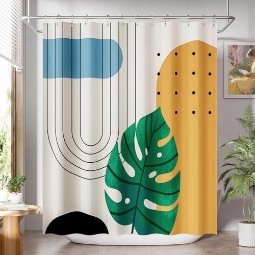 AmazerBath Boho Shower Curtain, Beige and Brown Abstract Cloth Shower Curtain with 12 Metal Hooks, Luxury Washable Farmhouse Polyester Fabric Bathroom Green Leaf Shower Curtain Set, 72x72 Inches - color: D- Boho Leafy+12 Metal Hooks, size: 72"W x 72"L (Pa