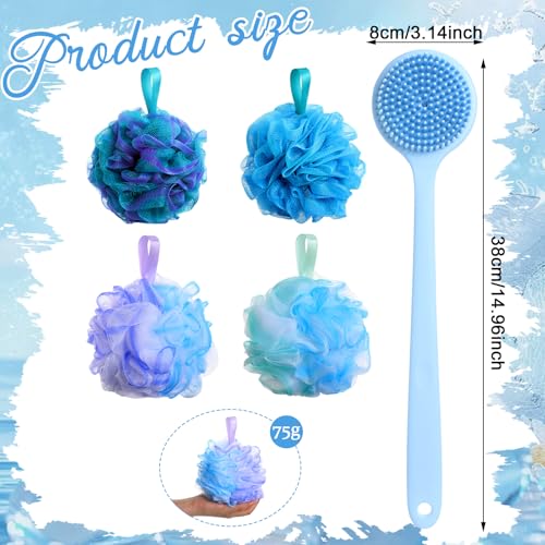 Qinyoung 4 Pcs Loofah Sponge with Soft Silicone Back Scrubber for Shower 15'' Long Handle Body Brush Exfoliating Bath Sponge for Women Men, Body Scrub, Shower Pouf Bath Accessories Soap, Blue