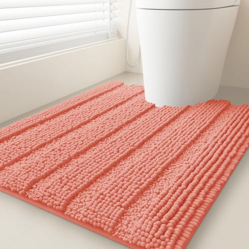 ACCUMTEK Striped Coral Toilet Bathroom Rug Mat 24" x 20" Contour Rug Ultra Soft, Non Slip Chenille Bath Rugs, Absorbent Plush Shaggy Bath Mats for Bathroom, Bedroom, Kitchen, Shower, Tub - color: Coral, size: 1'8" x 1'11" (Rectangular)