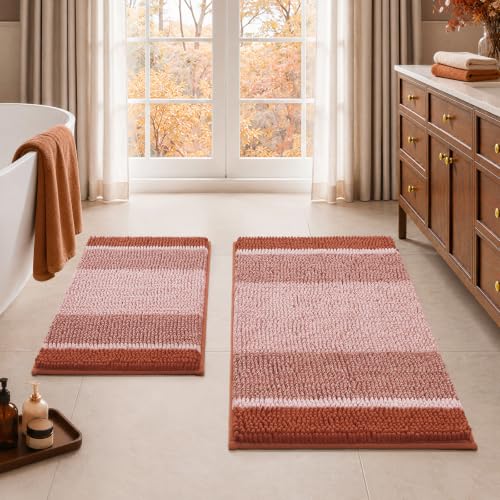HOMEIDEAS Burnt Orange Bathroom Rugs Set of 2, Thick Absorbent Chenille Bath Mats, Non-Slip Soft Shaggy Rugs for Bathroom Floor, 20" x 32" & 17" x 24" - color: Burnt Orange