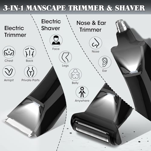 QREEYX Beard Trimmer for Men Groin & Body Hair Trimmer, Nose & Ear Clipper Head Razors for Bald Men, 5 in 1 Waterproof Manscape Kit with Travel Case, LED Display, Grooming Kit Gift for Him - color: Black-805