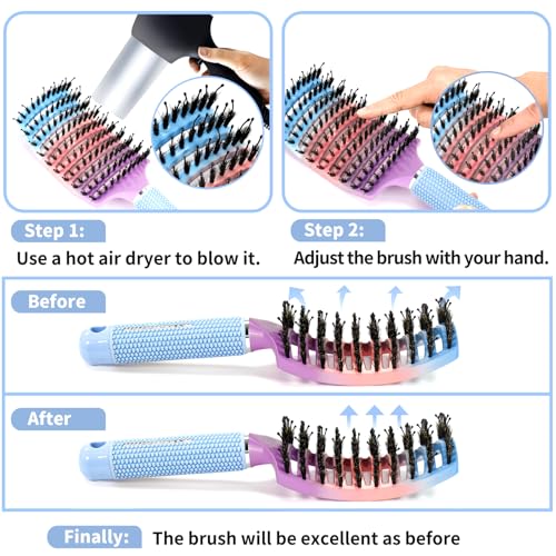 Boar Bristle Hair Brush Set of 2, HIPPIH Wet & Dry Hair Brushes Made by Fine Natural Boar Hair Can Adds Shine and Smoothing, Detangling Hairbrush for Women, Men & Kids' Long Curly Thick Hair - color: Mint Purple & Blue