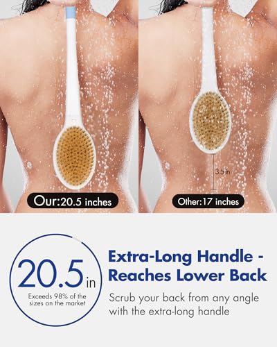 Back Scrubber Body Shower Brush: 20.5‘’ Extra Long Anti Slip Handle Bath Brush with Stiff and Soft Bristles - Showering Exfoliator Wet or Dry Brushing for Women, Men, Elderly (Blue) - size: Long Handle 20.5 in-Blue