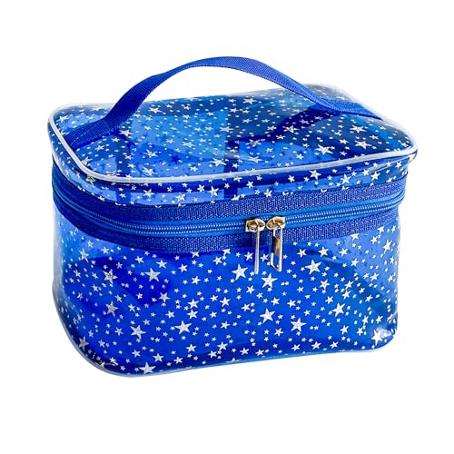 Star Print Blue PVC Makeup Bag with Handle - 8.66 * 5.51 * 5.51 inch,Clear Storage Bag Toiletry Pocket Portable Zippered Pouch Waterproof Cosmetic Organizer Bags for Women (Blue-L) - color: Blue-L