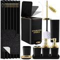 Bathroom Sets with Shower Curtain and Rugs Bathroom Accessories Set Black Bathroom Set,Soap Dispenser & Toilet Brush Holder Set with Stainless Steel Trash Can(23 PCS) - size: Black, style: Bath Set+Waffle Shower Curtain+Bath Rugs