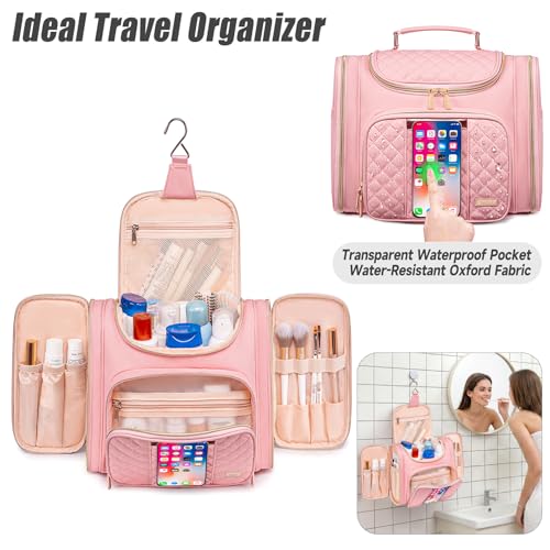 Tealari Large Toiletry Bag for Women Men,Bathroom Bag,Water Resistant Shower Bag,Makeup Bag,Toiletry Bags for Traveling,Hanging Toiletry Bag with Transparent Waterproof Phone Pocket - color: Pink
