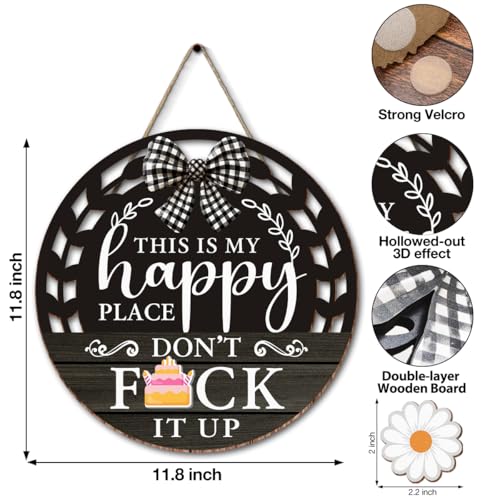 Interchangeable Seasonal Happy Place Hanging Sign - Farmhouse Backyard Door Decoration for Spring All Seasons Holidays - Rustic Round Wood Wreaths with 12 Icons - White - color: HAPPYblack