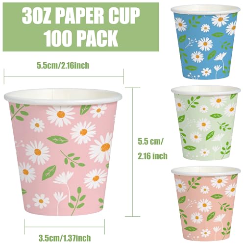 WRAPAHOLIC 3oz Paper Cups - 100 Pack Disposable Bathroom Cups with Daisy Floral and Leaf Design, Small Mouthwash Cup for Toothbrush Rinse, Home Bathroom, Picnic, BBQ, Travel and Tea Party - color: Colorful Daisy