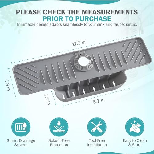 18 Inch Silicone Faucet Mat for Kitchen Sink Splash Guard, Adjustable Faucet Protector with Sponge Holder, Gray Drip Catcher Mat, Faucet Draining Mat