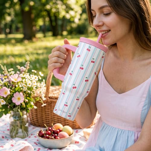 SANDJEST Cherry Stainless Steel Locking Lid Silicone Straw Tumbler with Handle 40oz, Insulated Stainless Steel Travel Cup for Women Girls Friends, Gift Idea for Birthday Christmas - color: Cherry