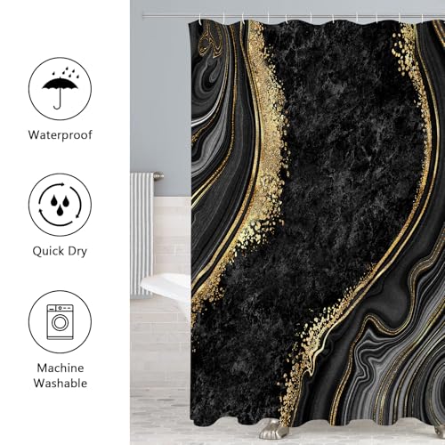 Gibelle 4 Pcs Luxury Marble Shower Curtain Set with Non-Slip Rugs, Toilet Lid Cover and Bath Mat, Black Gold Bathroom Decor Set with Shower Curtain and Rugs and Accessories - color: Black