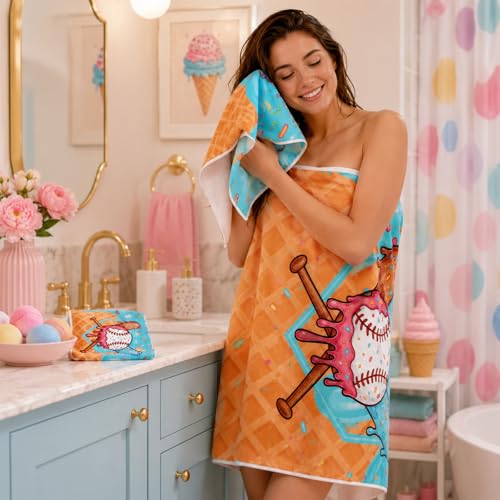 Moukeren Set of 3 Ice Cream Drip Baseball Bath Towels Baseball Bath Towel Hand Towel and Washcloth Soft Absorbent Ice Cream Drip Party Supplies for Summer Beach Swimming Party Favors Birthday Gifts - style: Ice Cream Drip