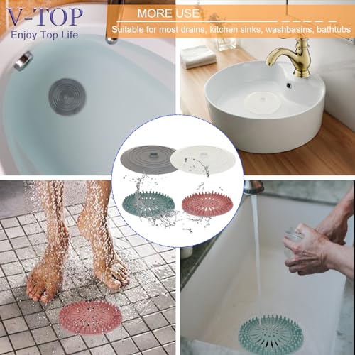 Shower Drain Hair Catcher Tub Stopper, V-TOP Drain Cover for Shower to Catcher Hair, Silicone Bathtub Drain Plug Suit for Bathroom Kitchen and Laundry, 4 Pack - color: 6" White & Gray & Green & Pink