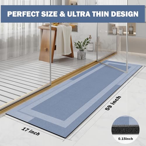 YDKGL Non Slip Long Bathroom Runner Rug Bath Mat, Rubber Backing Ultra Thin Bathroom Rugs Fit Under Door Quick Dry Super Absorbent Washable Shower Mat for Bathtub Sink Floor, Blue 17"x59" - color: A- Blue, size: 17” x 59“