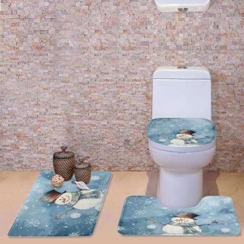 Cute Snowman Bathroom Rug Set Bathroom Rugs Sets 3 Piece Toilet Seat Cover and Rug Set Toilet Lid Cover with Non-Slip Bottom Toilet Lid Cover Set with U-Shaped Rug Bathroom Accessory Set - color: Cute Snowman