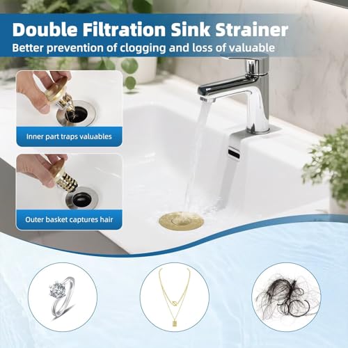 iFealClear Upgraded 4-in-1 Bathroom Sink Drain Strainer, Universal Pop Up Sink Stopper with 2-Layer Detachable Hair Catcher Filter Basket, Drain Stopper Fit 1.1"-2.36" US Basin, Brushed Gold - color: Brushed Gold