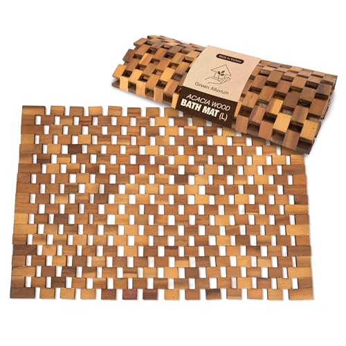 Acacia Wood Bath Mat - Non Slip Sturdy Wooden Shower Mat - Spa, Sauna, Cold Plunge, Camping, Bathroom Décor, Wood Door Mat 20" x 32" - size: 31.5" x 19.7" (Rectangular)