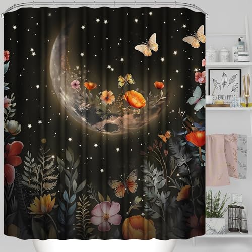 LQCOOL Shower Curtain Set 4 Pcs Black Moon Bathroom Sets with Shower Curtain and Rugs Bathroom Decor Set with 12 Hooks - color: Black Moon