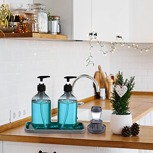 4 Pieces Kitchen Soap Dispenser Set Includes 16 oz Plastic Dish Soap Hand Dispenser was with Silicone Tray and Labels, Brush and Drip Tray(Black, Gray)