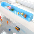Silicone Bathtub Kids Splash Guard – Extra Long 2.6FT Play Shelf with 11 Strong Suction Cups, Toddler Bath Toy Tray & Caddy Holder, Water Spill Barrier for Bathroom, No Mess Fun Time – Blue