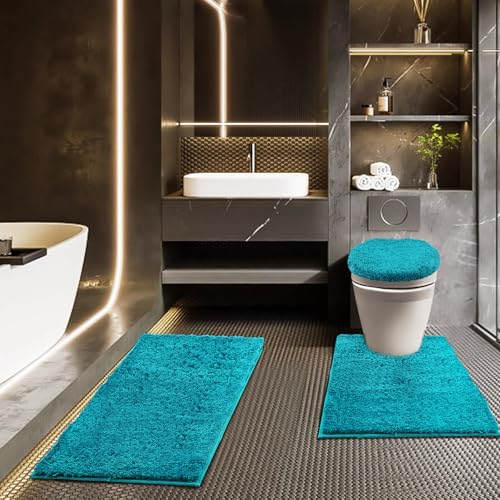 Bathroom Rugs Sets 3 Piece with Adjustable Toilet Seat Cover 17.5"x 15" Machine Washable Bath Rug Set with TPR Non Slip Rubber Backing Solid Bath Mat Set for Luxury Bathroom Decoration - color: Teal
