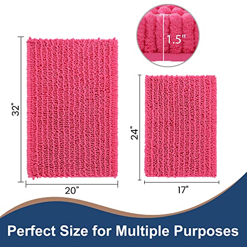 FLOLEOPA Luxury Chenille Hot Pink Bathroom Rugs Bath Mats Sets, Extra Soft and Absorbent Bathroom Rugs Non Skid Machine Wash Dry Bath Mats（32"x20" Plus 17"x24"） - color: Hot Pink, size: 32"x20" Plus 17"x24"