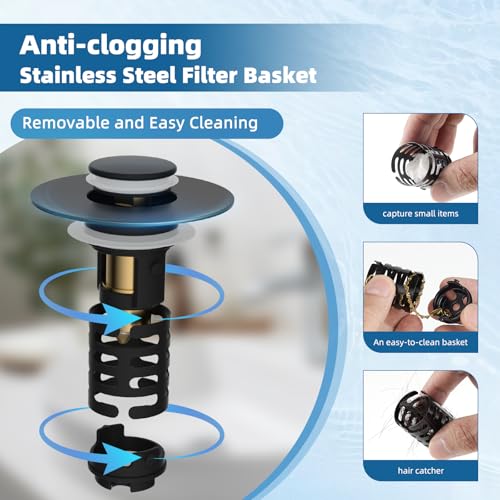 iFealClear Upgraded 4-in-1 Bathroom Sink Drain Strainer, Universal Pop Up Sink Stopper with 2-Layer Detachable Hair Catcher Filter Basket, Drain Stopper Fit 1.1"-2.3" US Basin, Matte Black - color: Matte Black