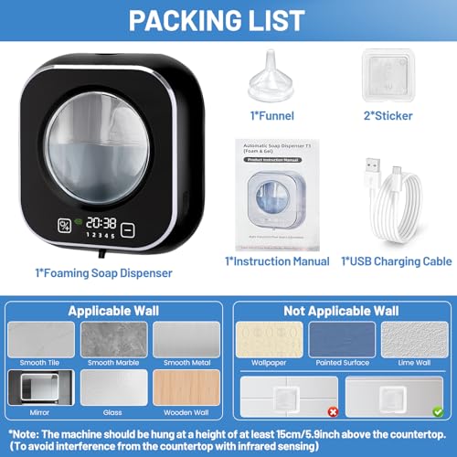 Automatic Soap Dispenser, 320ML Touchless Smart Hand Soap Dispenser, 5 Adjustable Soap Levels, Rechargeable Wall Mounted Electric Foam Soap Dispenser for Bathroom Kitchen Office (Black) - color: Black